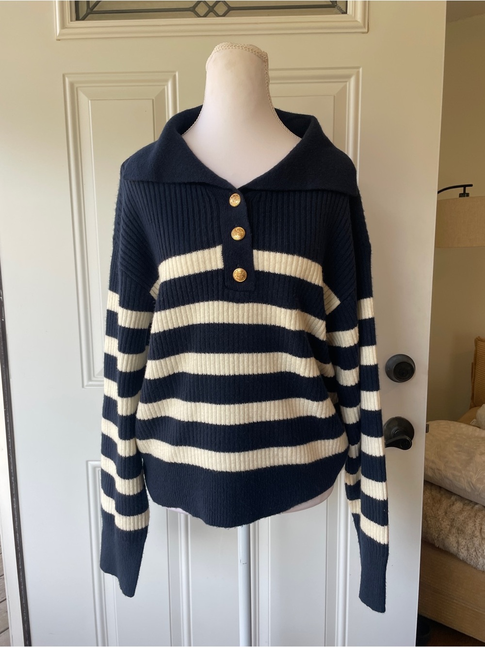 LOFT Navy and Cream Striped Polo Sweater - Picture 2 of 8